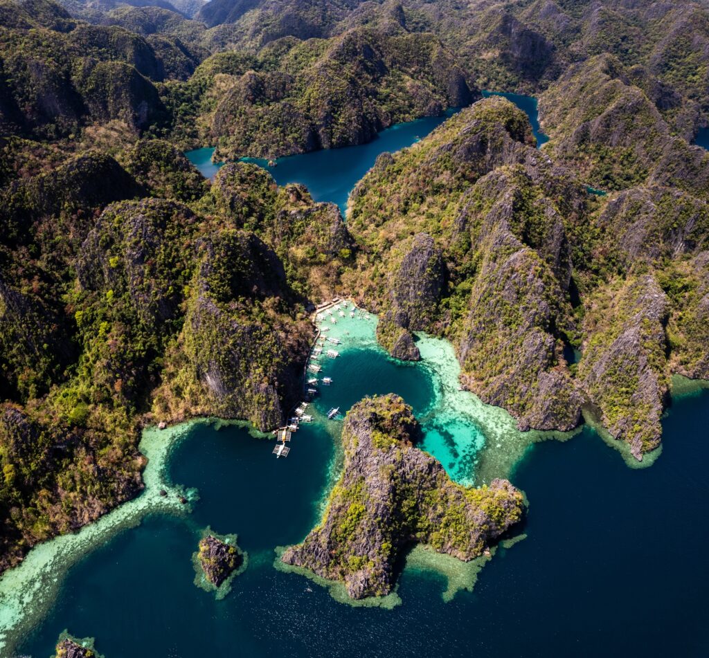 Aerial view of Twin Lagoon turquoise waters with a drone The Philippines Coron